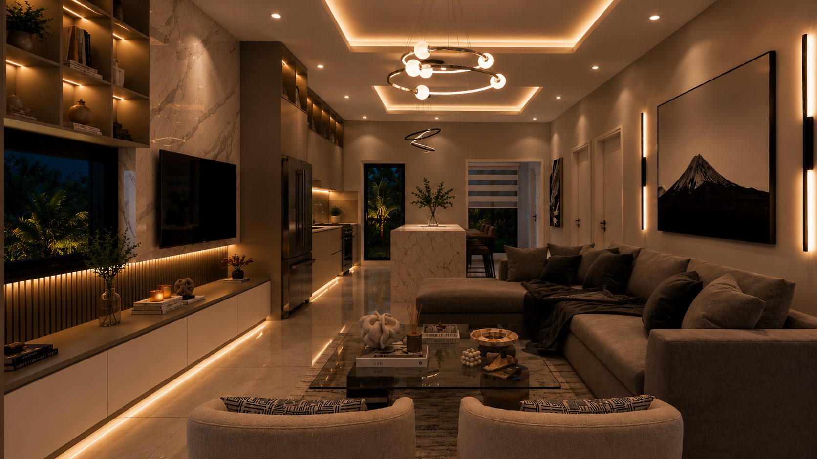 The Summit penthouse open-plan living room and kitchen, night